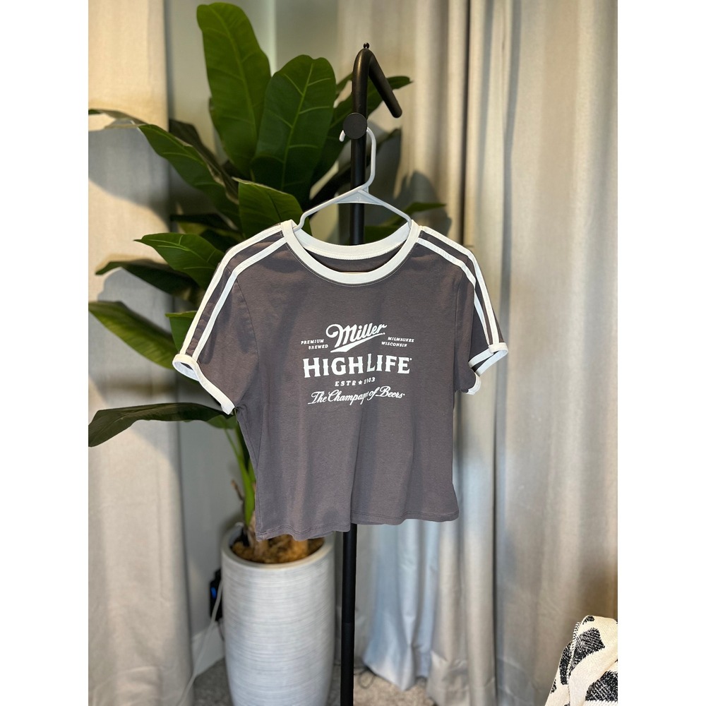 Miller High Life Ringer Tee Womens Charcoal Grey Crop Graphic T-Shirt Retro